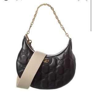 Gucci Black Quilted GG Crescent Shoulder Bag with Gold Chain